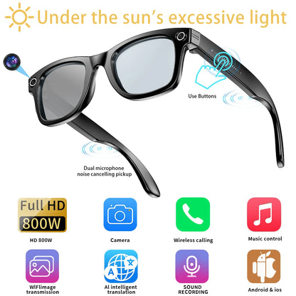Lunettes intelligentes IA avec caméra 8 MP, enregistrement vidéo, traduction, appels Bluetooth et lecture de musique. Modèle unisexe.