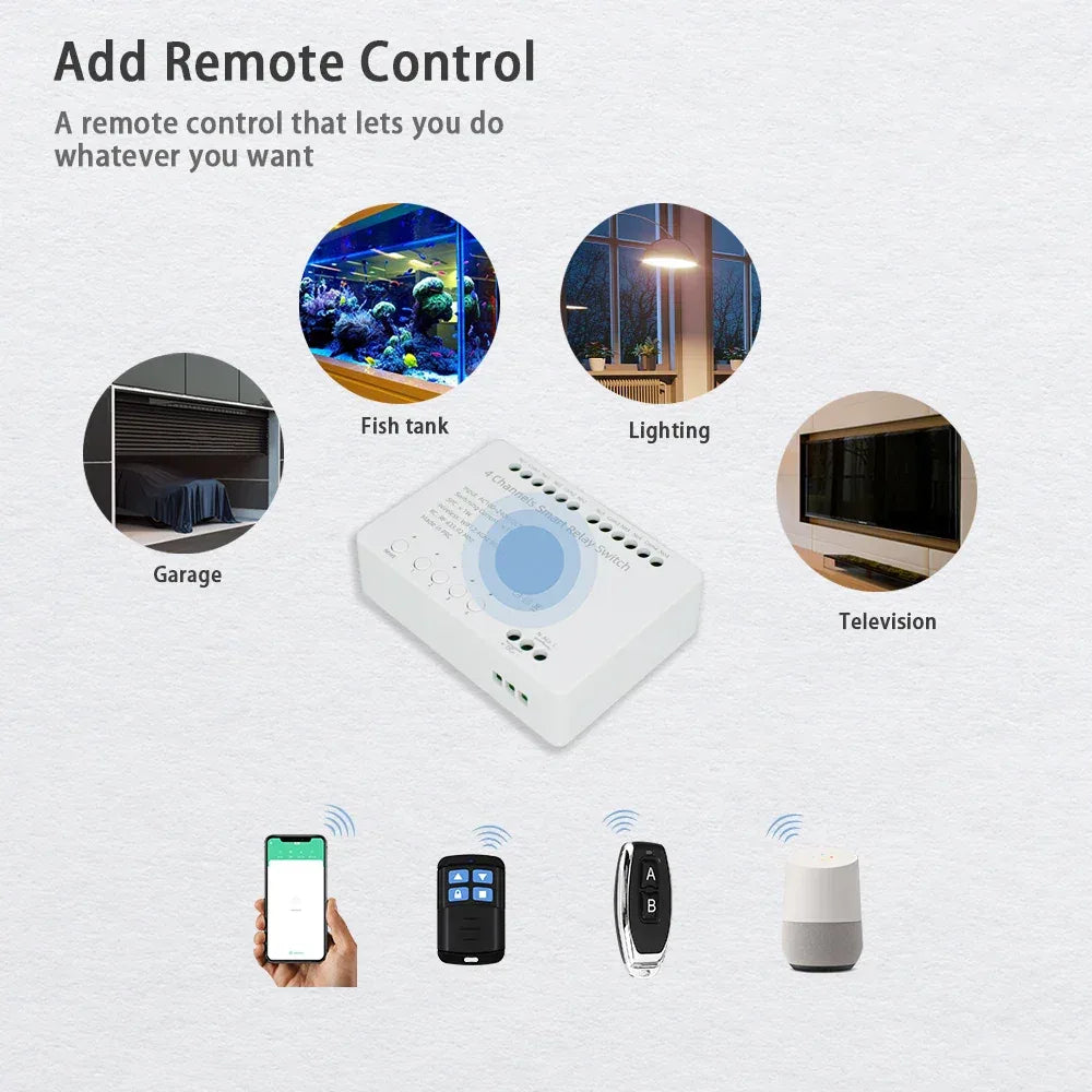 【4 Channel Smart Relay】Tuya WiFi+RF433 DIY Module AC 100-240V/DC 5-24V Alexa Remote Timer Switch for LED Light Home Automation