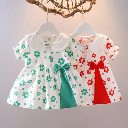 Summer New Style Baby Girls Dress Short Sleeve Flower Fake Two-Piece Shoulder Strap Dress Cute Princess Wedding Party Costume