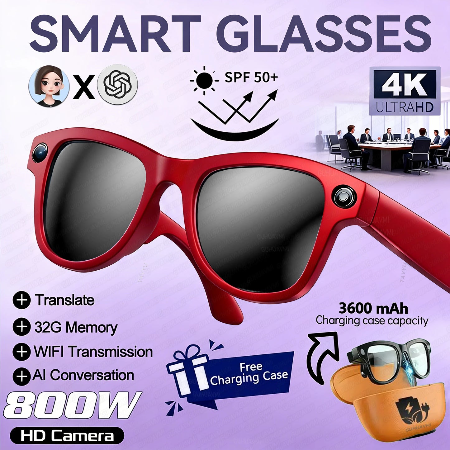 Lunettes connectées 2026 pour femmes, batterie externe 3600 mAh, caméra 800 W, traduction de plus de 120 langues, enregistrement vidéo, lecteur de musique, lunettes pour hommes