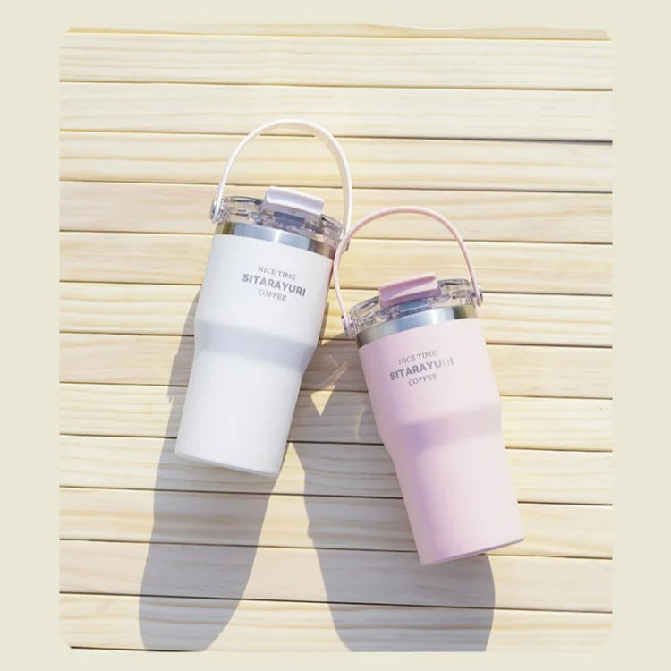 JUSTINLAU 600/900ml Insulated Cups Stainless Steel Double-drinking Thermos Cup with Handle& Straw Sports Bottle Car Ice Tumbler