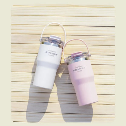 JUSTINLAU 600/900ml Insulated Cups Stainless Steel Double-drinking Thermos Cup with Handle& Straw Sports Bottle Car Ice Tumbler