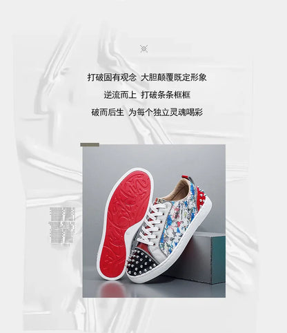 New Fashion Silver Trainers Glitter Spiky Shoes Men Lace Up Sneakers Low Top Shoes Red Sole Man Designer Sneaker With Spikes