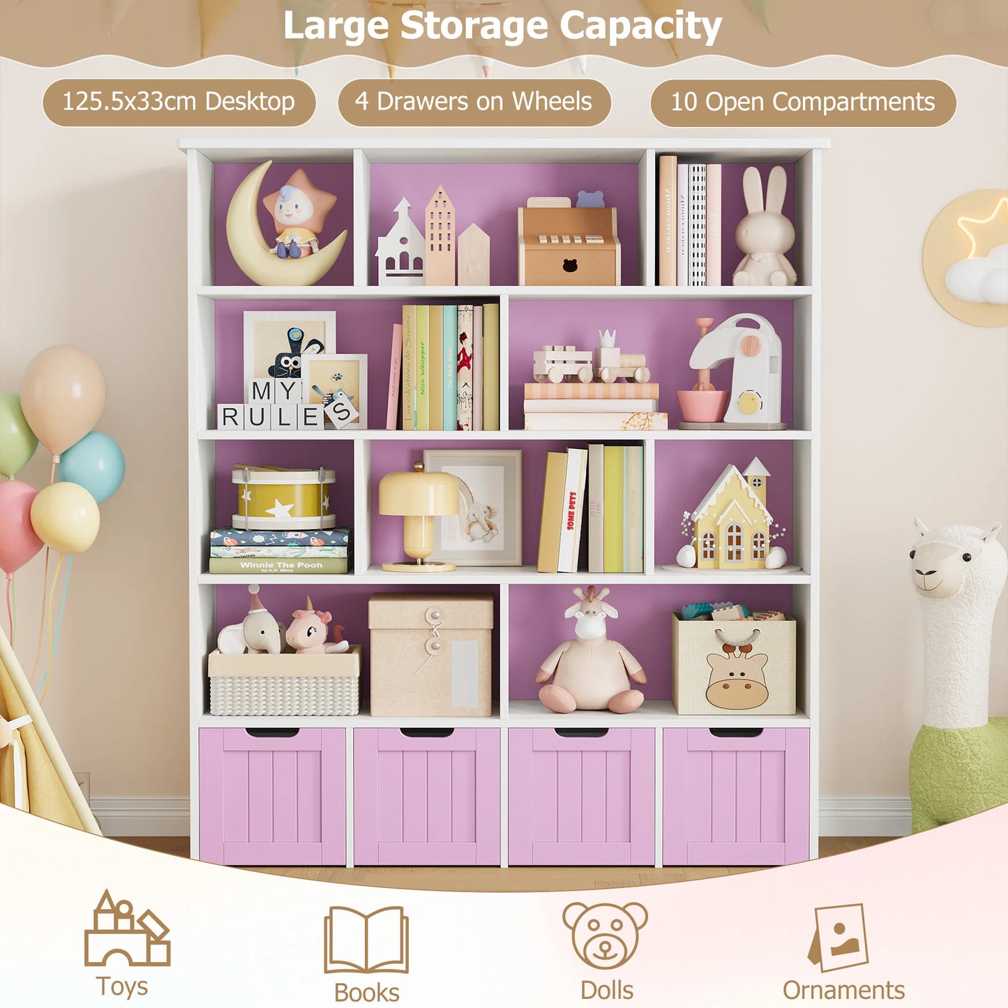 Getone Kids Toy Storage Unit Childrens Bookcase with 4 roller drawers 11 shelves Toy Organiser Kids Bookshelf for Nursery Playroom 125.5x33x146 cm White/ Pink