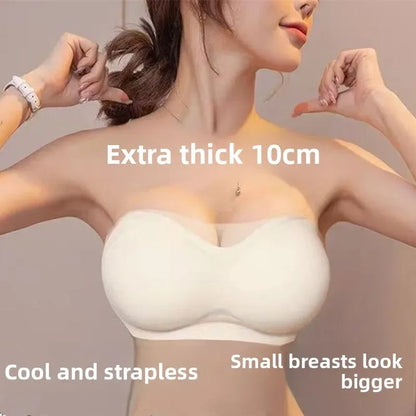 10CM Extra Thick Cooling Seamless Strapless Bra  Push Up Tube Top for Small Chest, Anti-Slip Lift, Anti-Sagging Invisible Bra