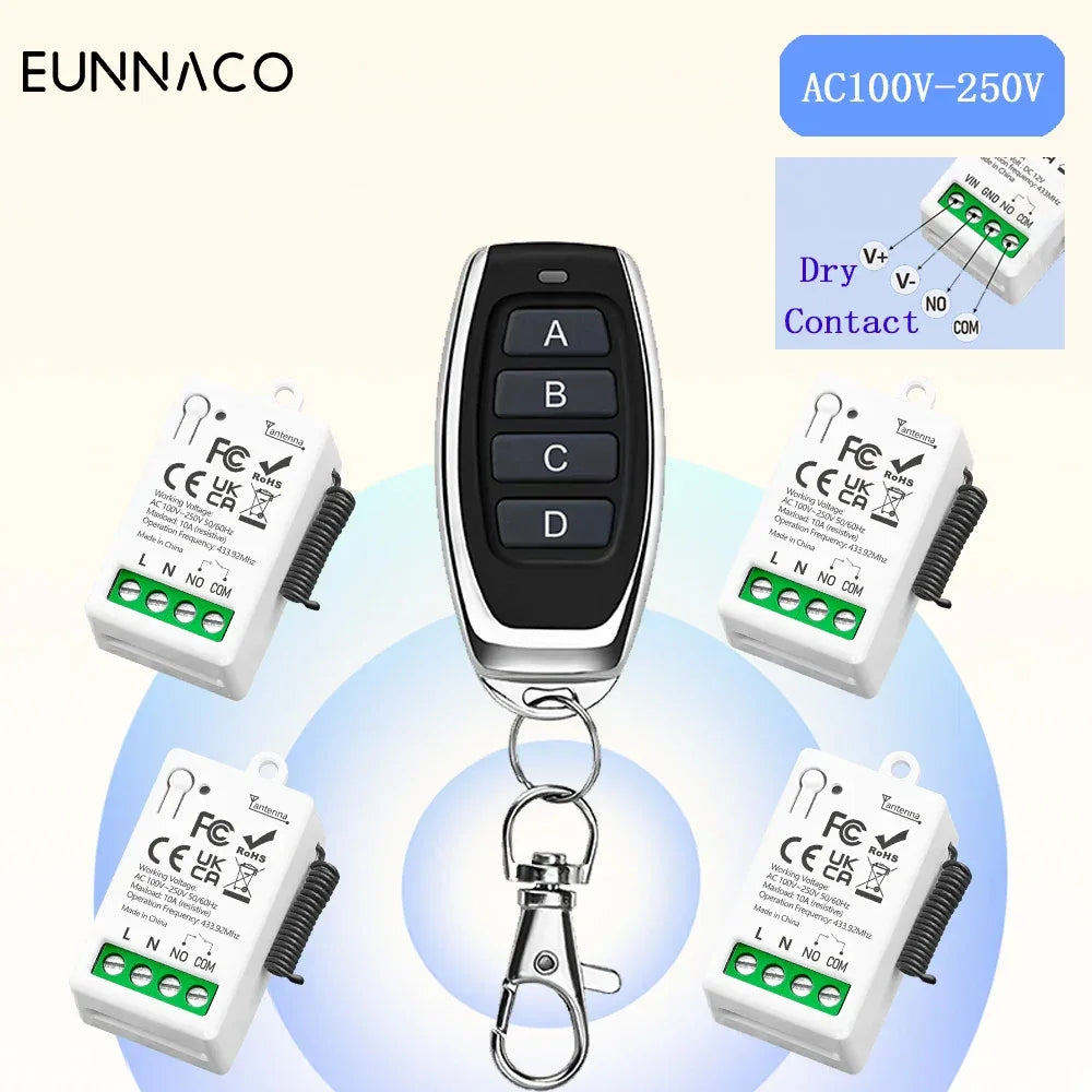 RF433MHz Dry Contact Wireless Remote Control Light Switch AC110V 220V 10A Mini Relay Module for Garage Control Lock LED DIY Lamp