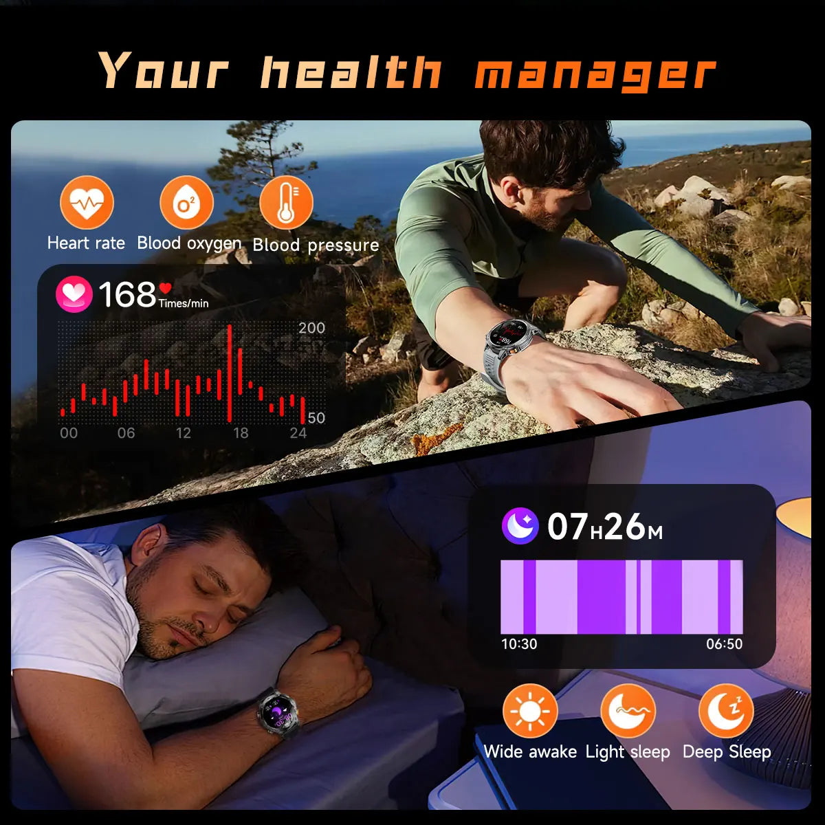 1.7" Large Screen Bluetooth Call Smart Watch Men‘s Sports Outdoor Flashlight 1000mAh Health Monitor Smartwatch for Man Male IP6