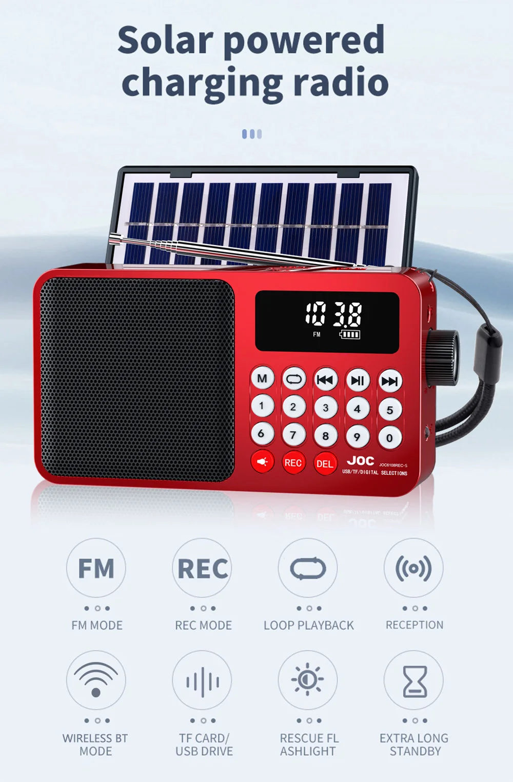 Solar FM Radio Portable Bluetooth Speaker with LED Light support Recording TF Card USB Play Wireless Speaker Radio FM Receiver