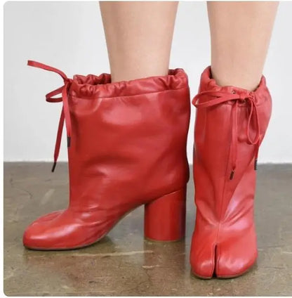 Leather Split Toe Tabi Boots For Women Chunky High Heels Women Shoes Ankle Boots Black Fashion Brand Designer Botas Mujer