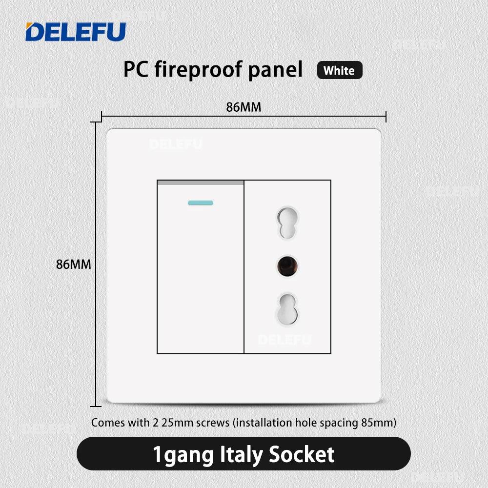 DELEFU86 PC White Flame Retardant Panel Italy Standard Wall Socket USB Type C Socket German Italian Socke EU Socket