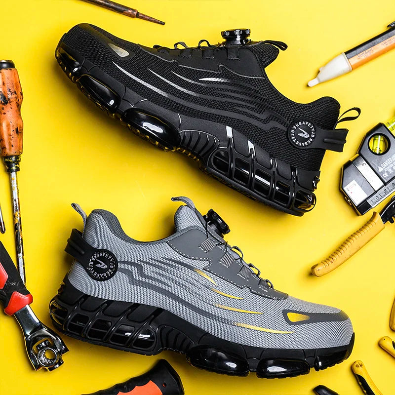 Breathable Men Boots Rotating Buttons Safety Shoes Men Puncture-Proof Work Boots Steel Toe Shoes Light Indestructible Shoes