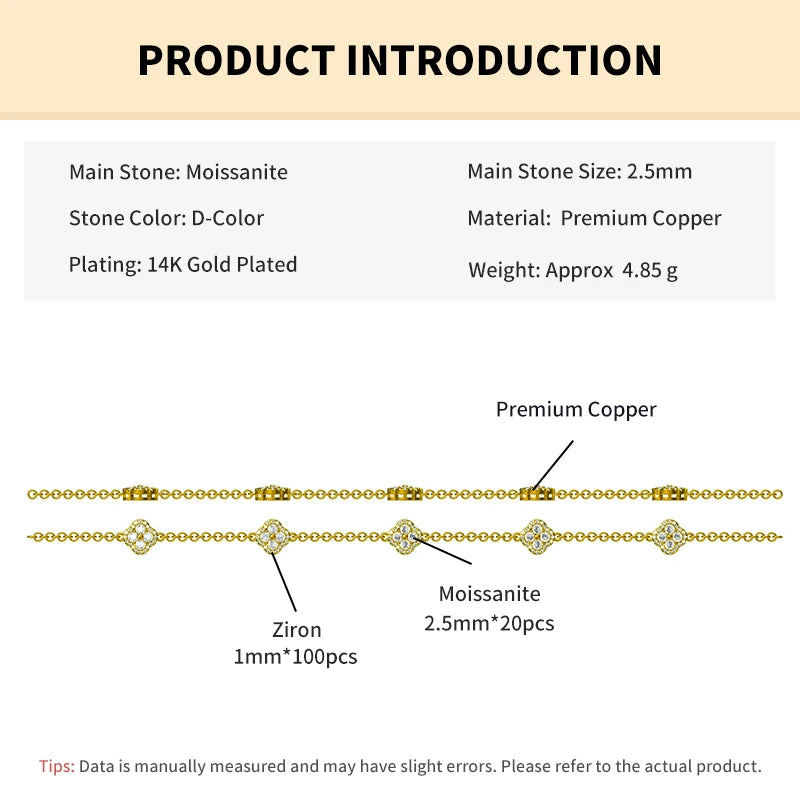 Rrjzz Four-Leaf Clover Moissanite Women Bracelet D Color VVS1 Lab Created Imitation Diamond Round Cut Jewelry GRA Certificated