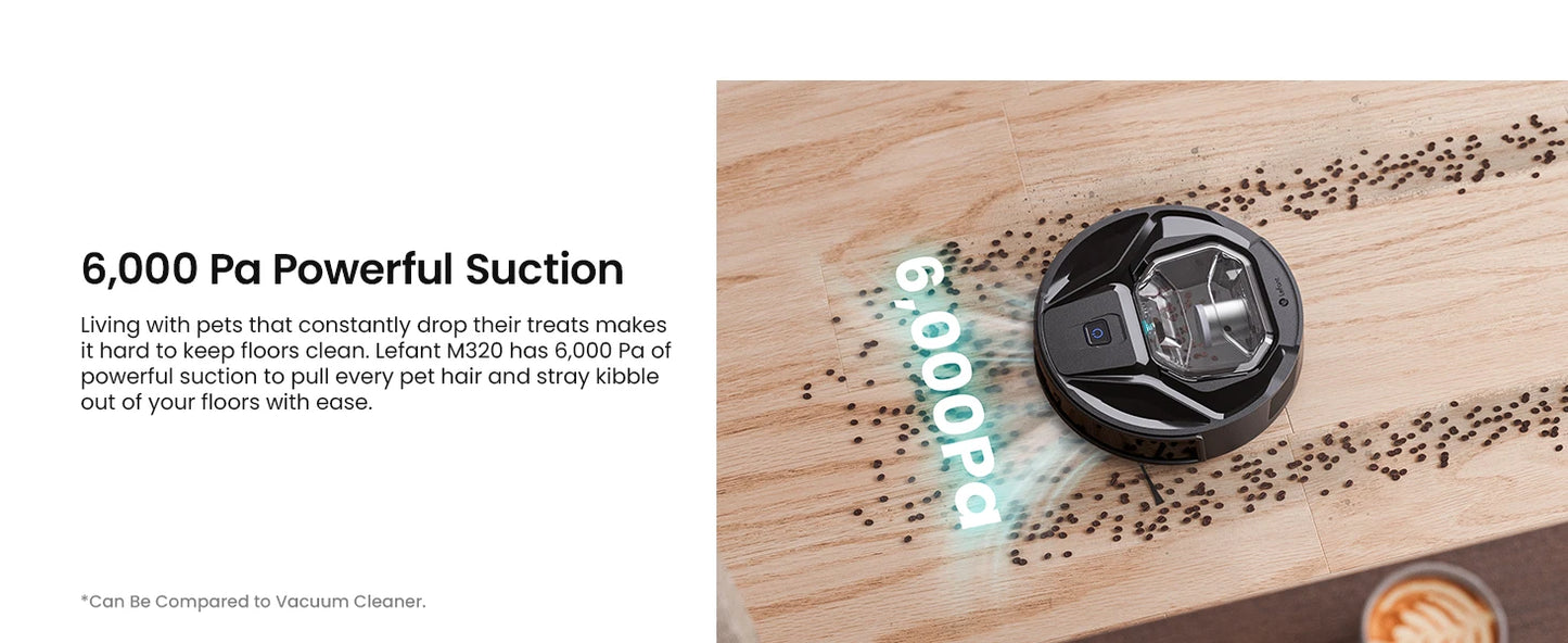 Lefant M320 cordless Robot Vacuum Cleaner and mop, 6000Pa ,210 Mins Runtime,Self-Charging,Ideal for Hard Floor, Pet Hair,Carpet