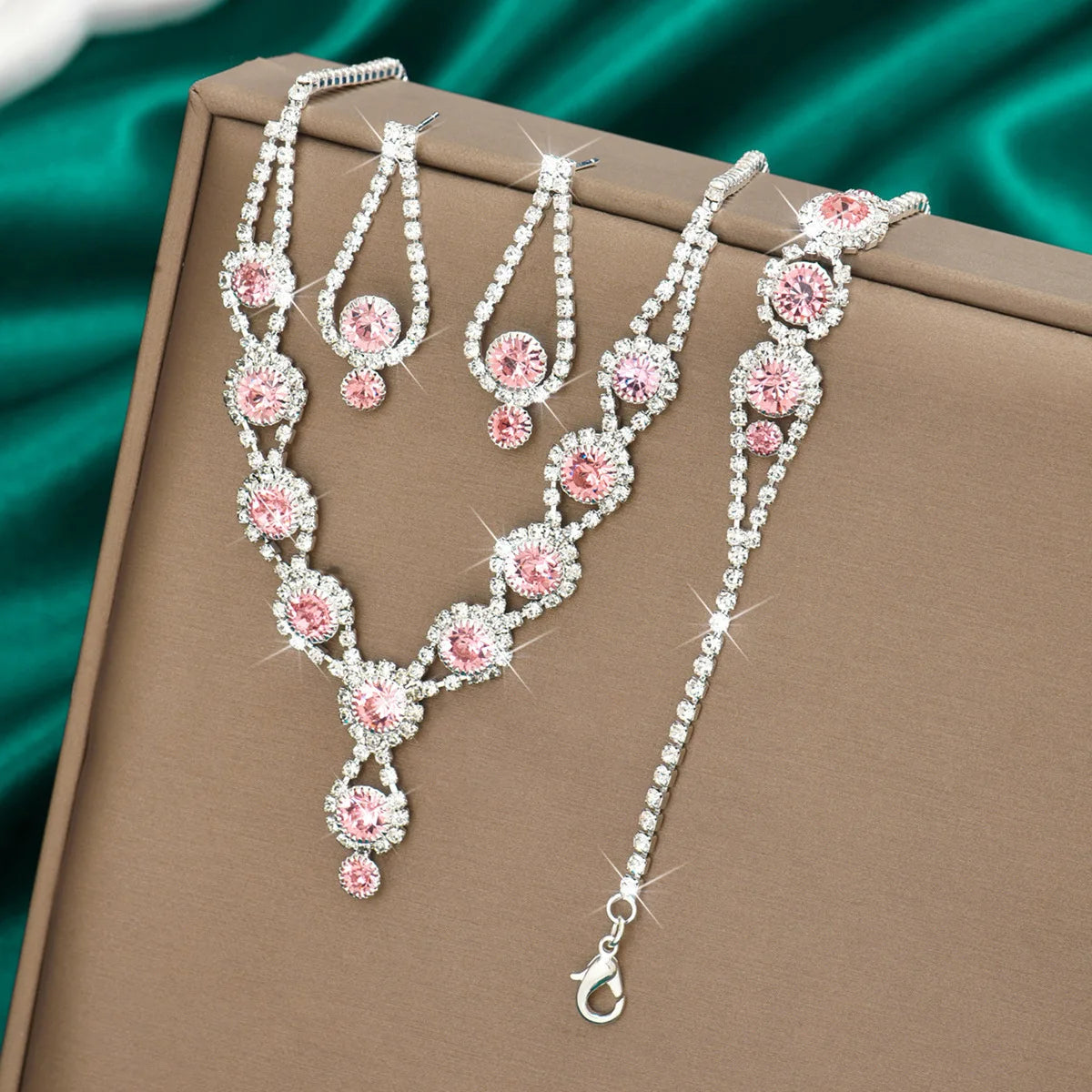 4PCS Fashion Elegant Crystal Jewelry Sets for Women Rhinestones Necklace Ring Earrings Bridal Wedding Party Jewelry Sets