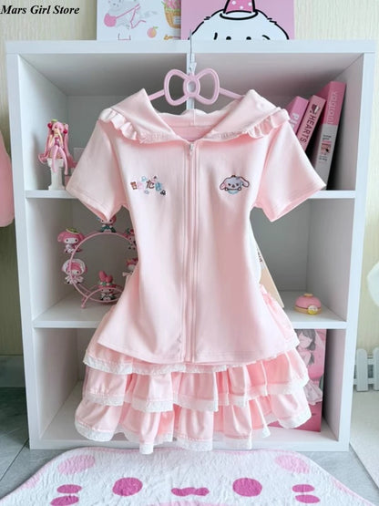 Japanese Kawaii Lolita 2-Pieces Set Women Sweet Rabbit Ear Zipper Hooded Tops + Cute Cake Mini Skirt Harajuku Y2k Outfits Summer