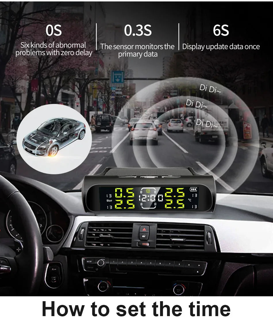 Wireless Solar Charging TPMS Real-time Monitoring with Electronic Clock Display 4 Sensors Tire Pressure Monitoring System