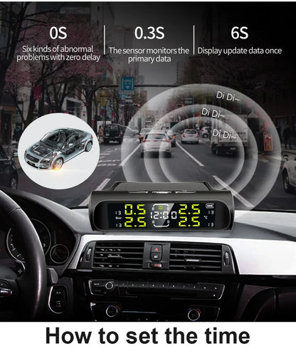 Wireless Solar Charging TPMS Real-time Monitoring with Electronic Clock Display 4 Sensors Tire Pressure Monitoring System