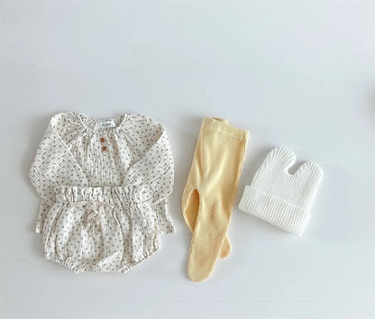 2024 Spring Newborn Floral Print Cotton Long Sleeve Tops+Shorts 2pcs Boy Girl Baby Loose Dots T-shirt Set Thin Infant Tees Suit