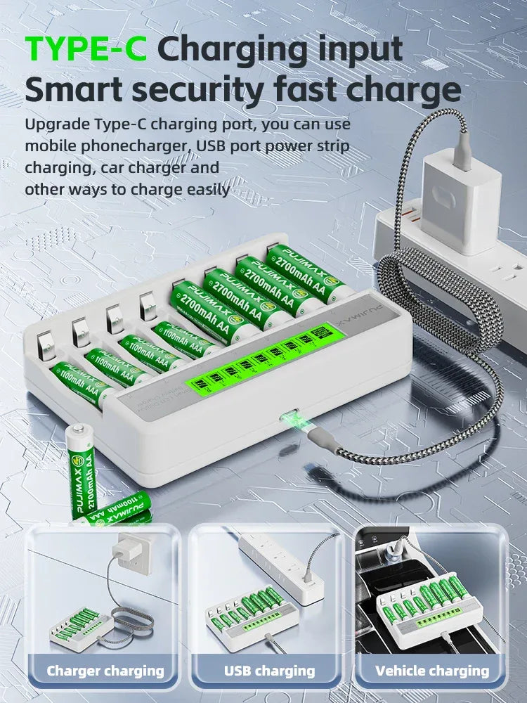 PUJIMAX 8-Slots LCD Display Fast Smart Battery Charger Type-C Charging For 1.2V Ni-MH Ni-CD AA AAA  Rechargeable Battery Charger