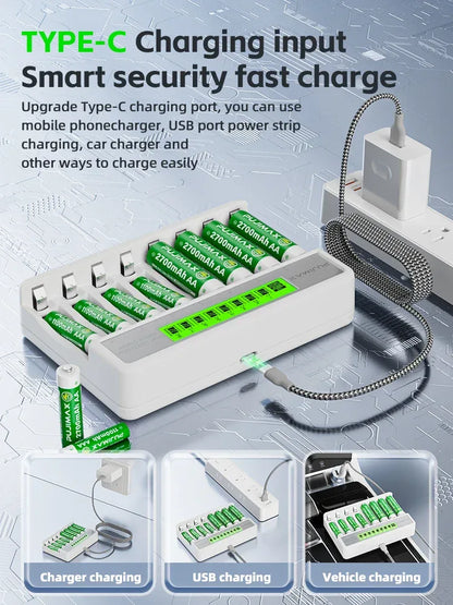 PUJIMAX 8-Slots LCD Display Fast Smart Battery Charger Type-C Charging For 1.2V Ni-MH Ni-CD AA AAA  Rechargeable Battery Charger