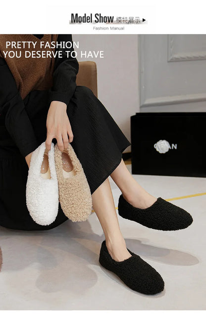Big Size 43 Women Lambswool Slippers Winter Sheep Fur Shoes Ladies Flat Cotton Slides Home Pantuflas Daily Slip On Furry Mules