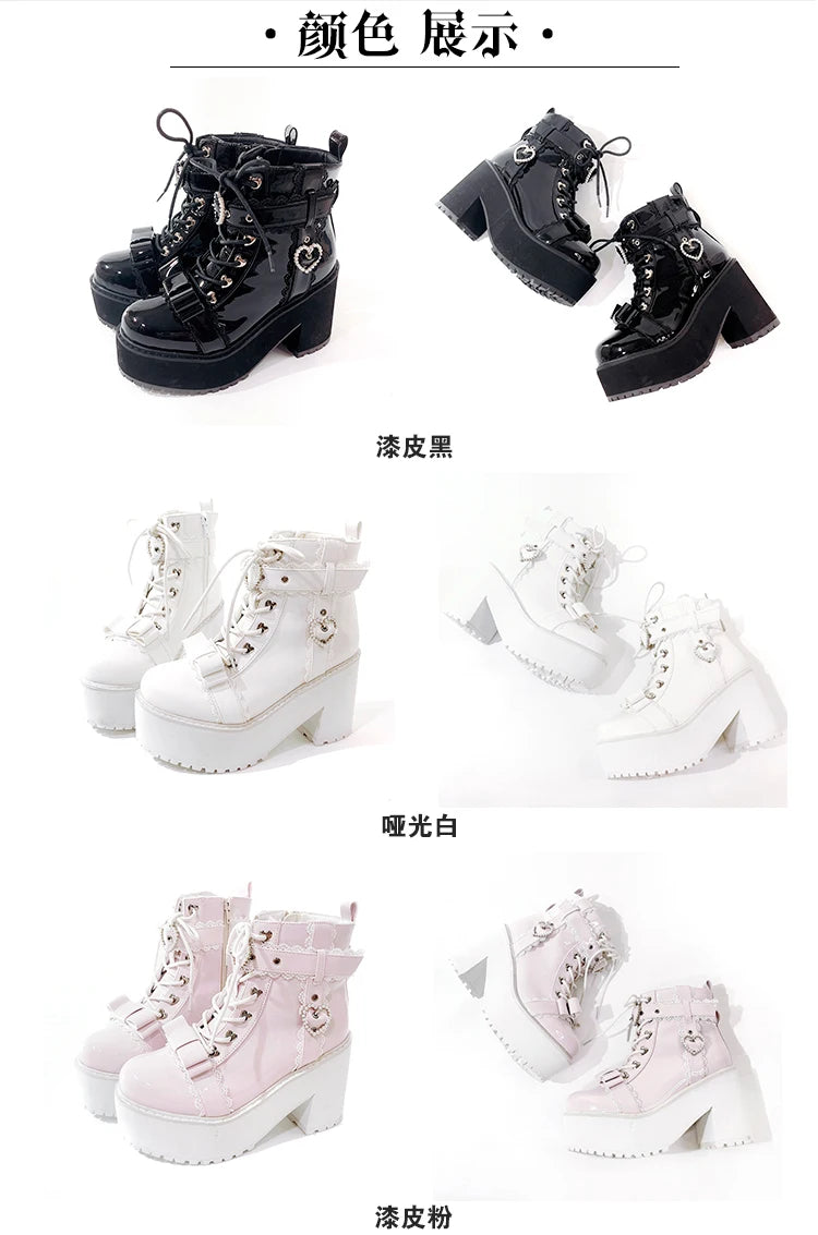 Japanese Mine Lolita Short Boots for Women Mass Production Love Rhinestone Buckle Bow Round Head Platform Boots Sweet Shoes