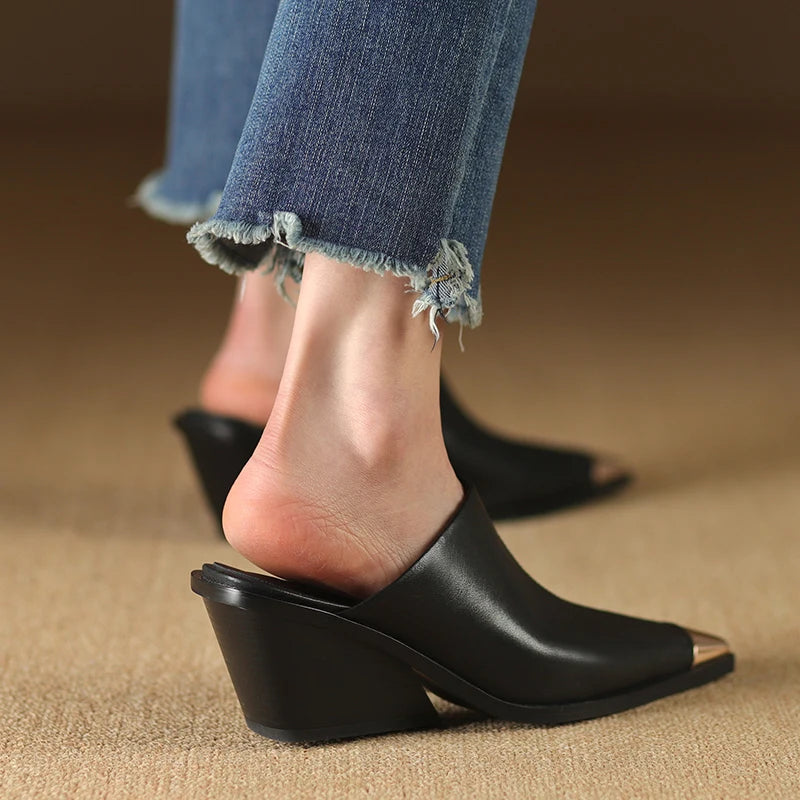 2025 New Ladies Genuine Leather Metal Head Mules Fashion Med Chunky Heels Summer Wedges Slippers Women Casual Office Shoes Woman