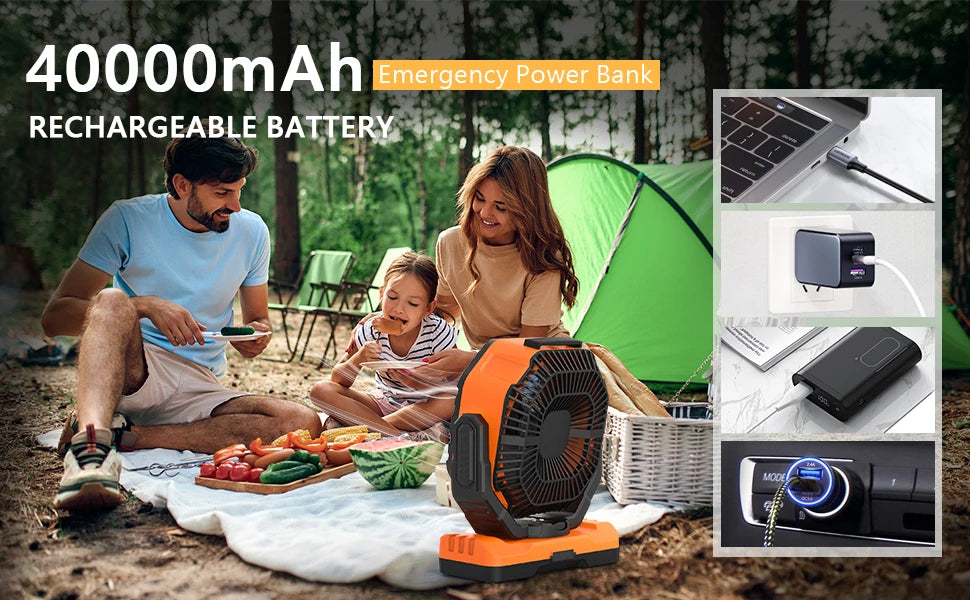 2026 Portable Wireless Fan 40000mAh Camping Fan Rechargeable Table Fan Travel Tent Fan Air Circulator Tents Outdoor Electric Fan