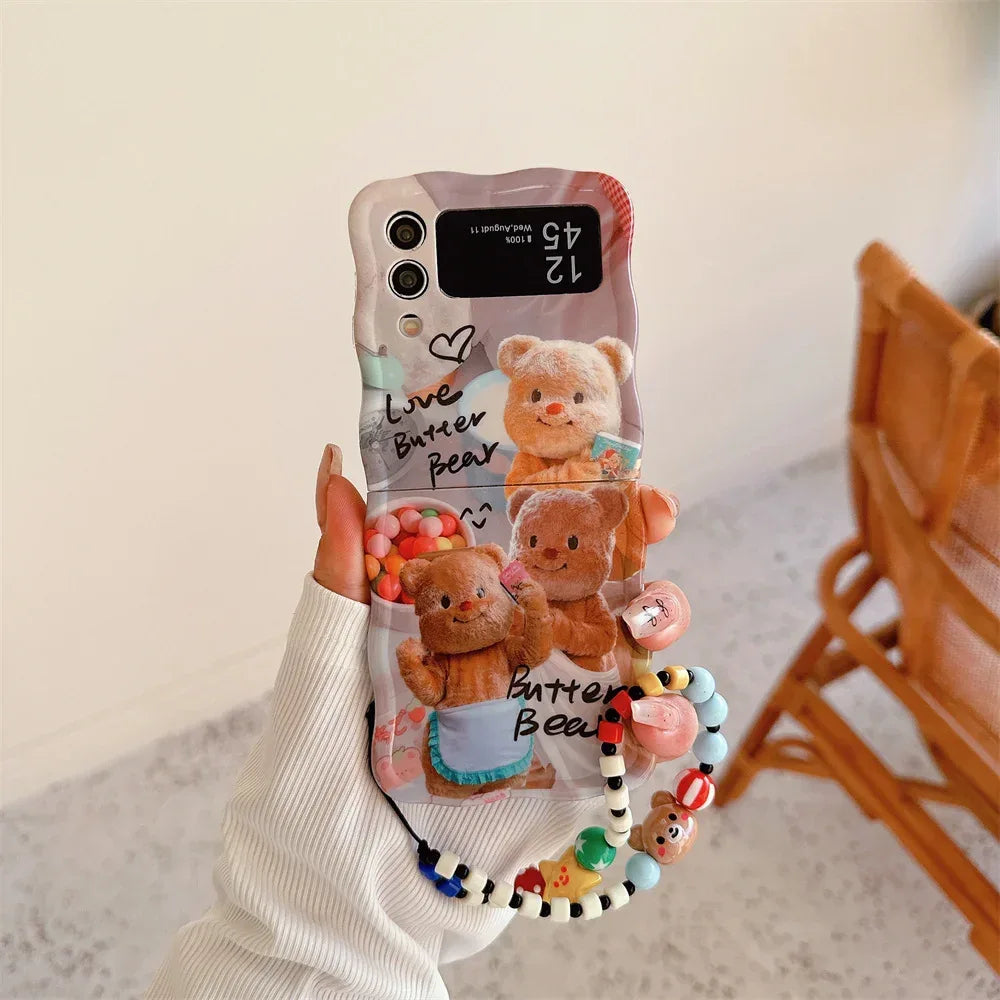 Cartoon Cute Bear Wave Border Phone Case for Samsung Galaxy Z Flip 5 4 3 Zflip5 Flip3 ZFlip4 Star Bracelet Shockproof Lens Cover