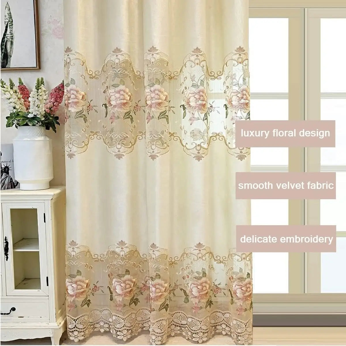 Luxury European Style Velvet Embroidery Curtains for Living Room Bedroom Embroidery Flowers Semi Hollow Blackout Curtain 1 Panel