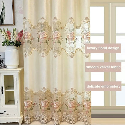 Luxury European Style Velvet Embroidery Curtains for Living Room Bedroom Embroidery Flowers Semi Hollow Blackout Curtain 1 Panel