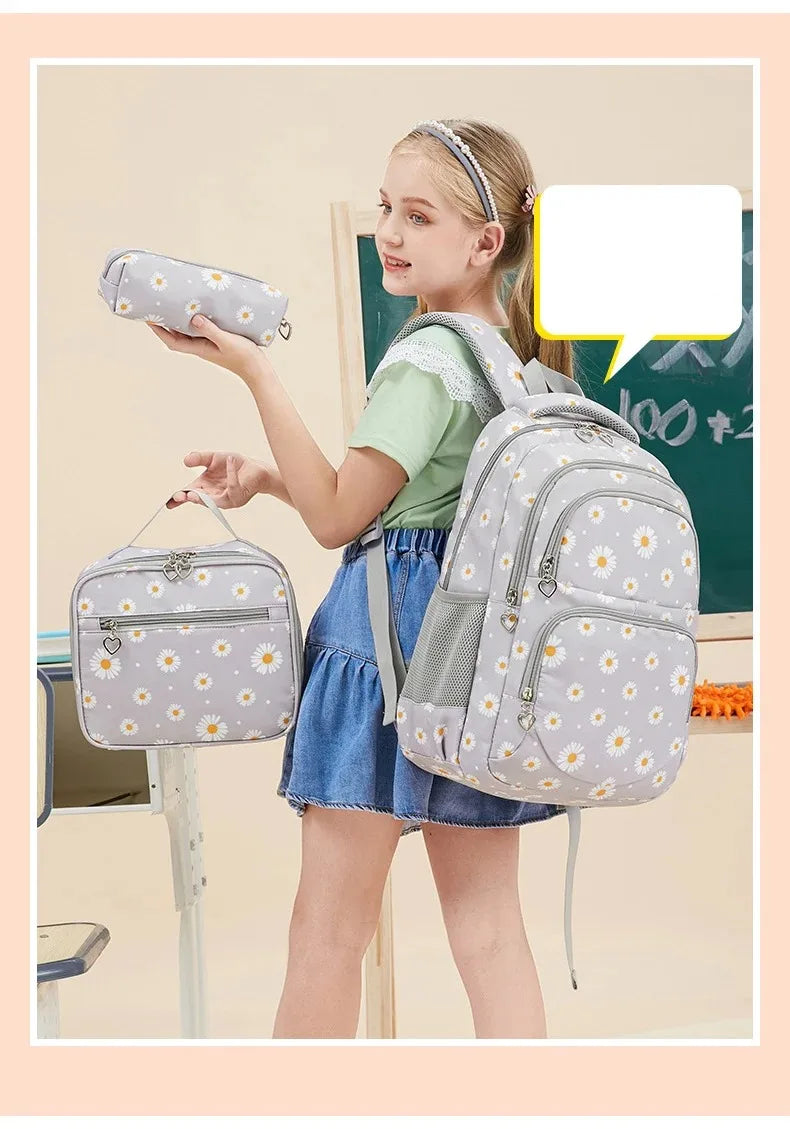 Daisy Pattern School Bag Backpack Pencil Case Handbag Three Piece Set Nylon Fabric Waterproof Boys Girl Teenagers Trend Backpack