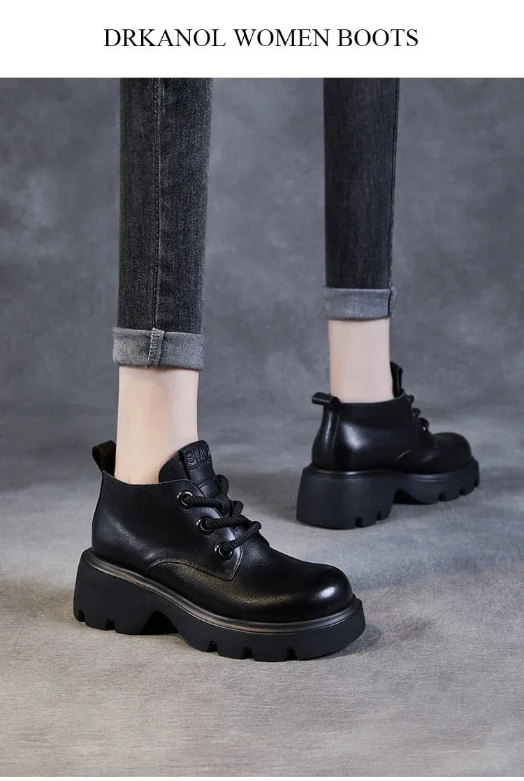 DRKANOL Luxury Design Genuine Leather Ankle Boots For Women Platform Casual Short Boots Women Winter Thick High Heel Warm Shoes