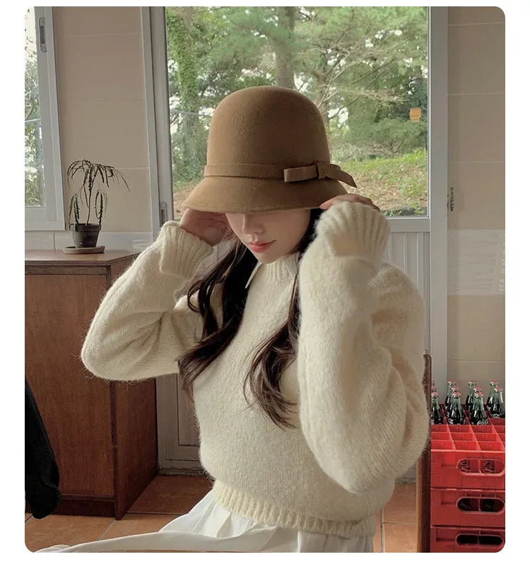 2024 Autumn Spring Fedoras Women Hat Elegant Vintage Bowknot Wool Ladies Hat Dome Felt Wedding Church Jazz Cap Female Bow Bowler