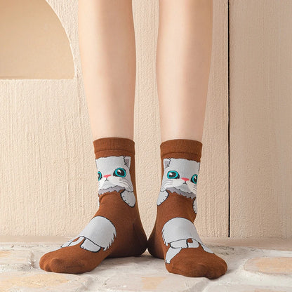 1/5 Pairs New Arrivals Women Socks Cartoon Animal Cat Spring Autumn Kawaii Comfortable School Girls Female Casual Funny Socks