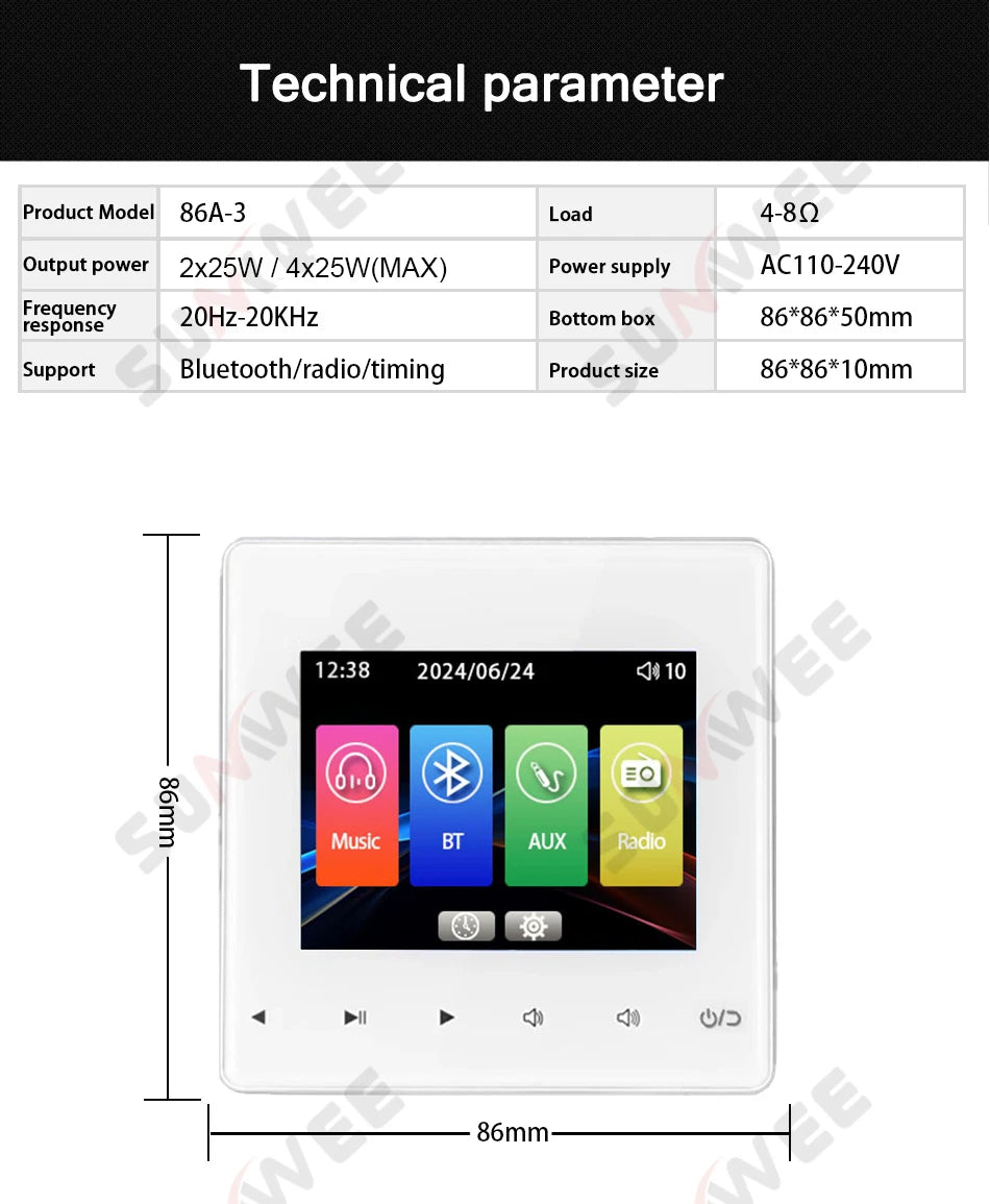 Home Audio System 86 Type Bluetooths Wall Amplifier Hotel AUX TF Sound Background Music Control Panel Optional Ceiling Speakers