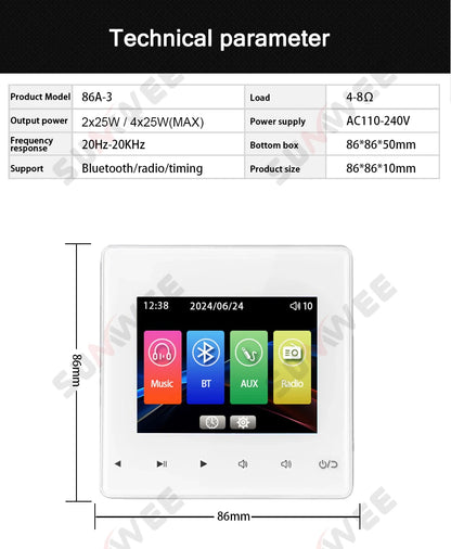 Home Audio System 86 Type Bluetooths Wall Amplifier Hotel AUX TF Sound Background Music Control Panel Optional Ceiling Speakers