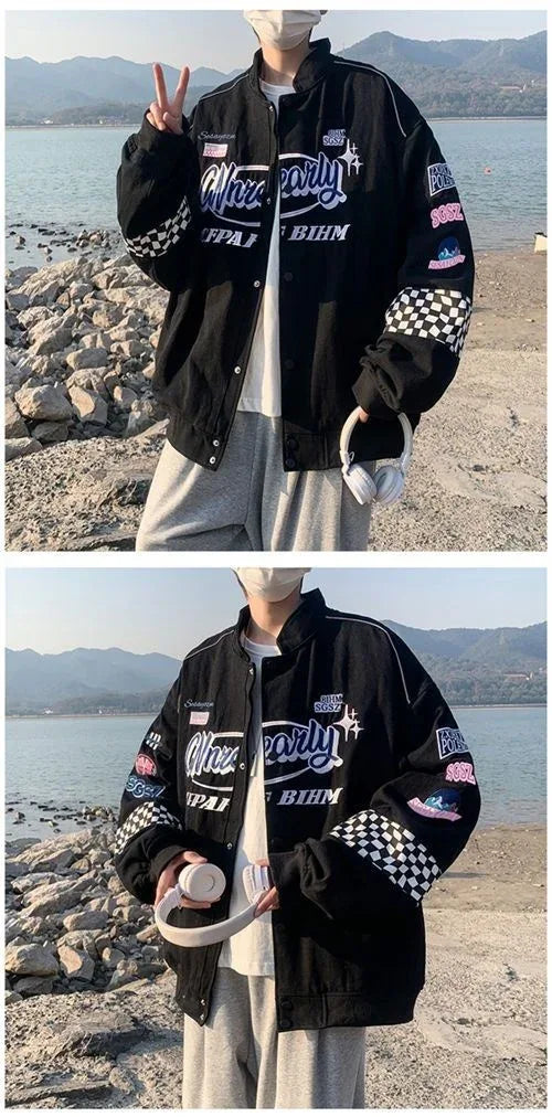 Embroidery Fashion Streetwear Racer Jackets Men Women Y2K HipHop Motorcycle Plaid Vintage Bomber Harajuku Autumn Jackets Coat