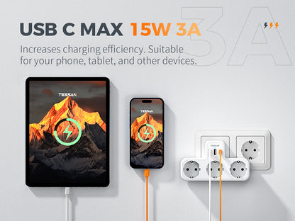Tessan Multiple EU Standard USB Socket Wall Socket 6 in 1 Plug Socket with 3 AC Outlets with USB Charging Ports for Home Office