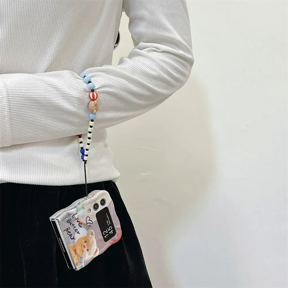 Cartoon Cute Bear Wave Border Phone Case for Samsung Galaxy Z Flip 5 4 3 Zflip5 Flip3 ZFlip4 Star Bracelet Shockproof Lens Cover