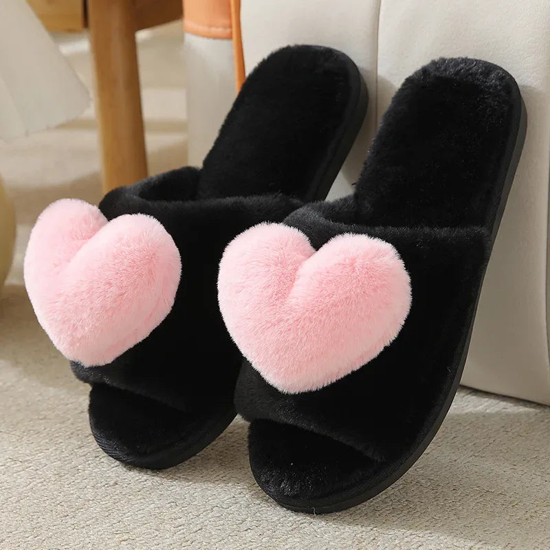 Women Indoor Warm Home Slippers Bedroom Cute Heart Pattern Non-slip Soft Comfort Plush House Slippers Shoes Autumn Winter
