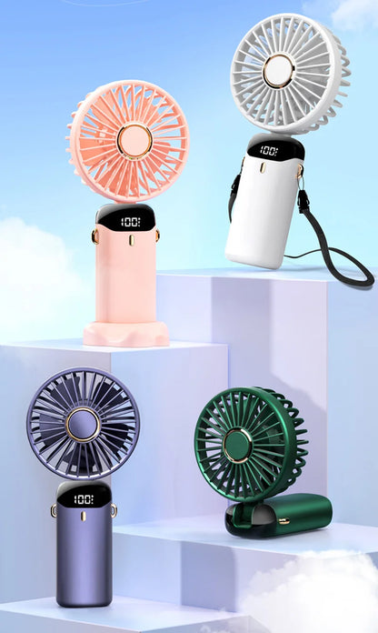 2026 New Handheld Mini Fan Foldable Neck Hanging Fans 5 Speed USB Rechargeable Fan with Phone Stand and Display Screen 1800mAh