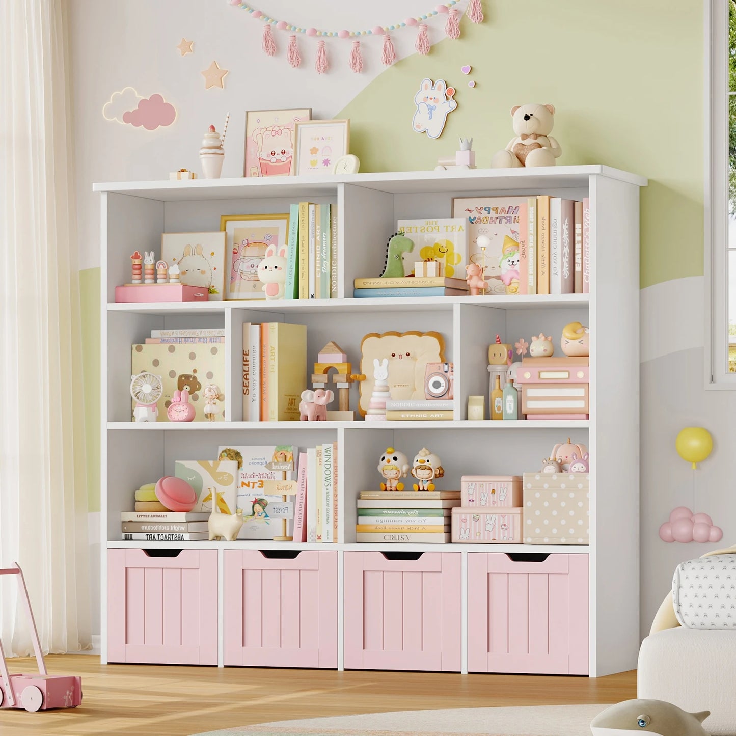 Getone Kids Toy Storage Unit Childrens Bookcase with 4 roller drawers 8 shelves Toy Organiser Kids Bookshelf for Nursery Playroom 125.5x33x118cm White/ Pink