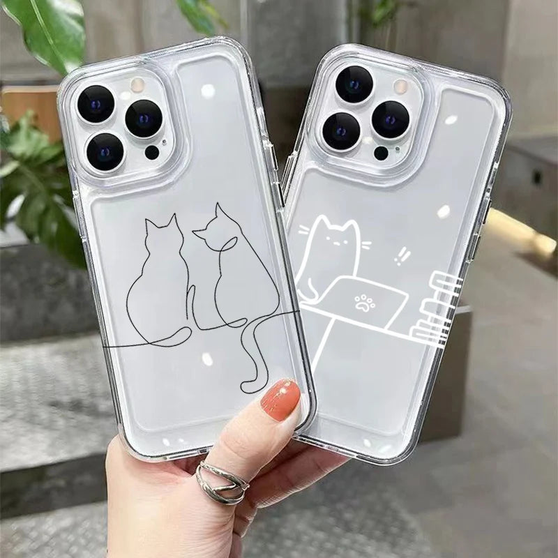 Luxury Shockproof Soft TPU Clear Phone Case For iPhone 17 11 12 13 14 15 16 Pro Max 16 Plus 16E 17 Air With Cute Line Cat Cover