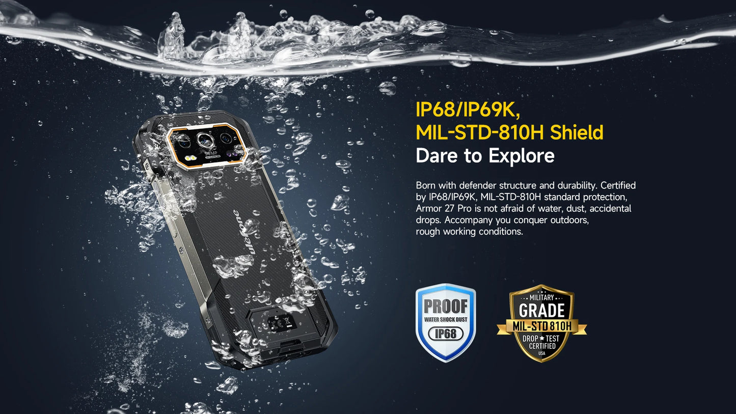 Ulefone Armor 27 Pro 5G Rugged Phone 10600mAh Smartphone 50MP Camera 64MP Night Android 15 Up to 24GB+256GB NFC Waterproof Phone