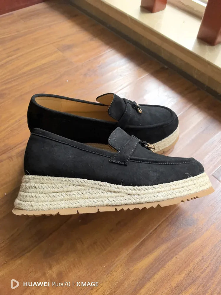 MKKHOU Fashion Loafers New High Quality Real Leather Suede Vintage Straw Braid Platform Shoes Daily Casual Light Shoes Neutral