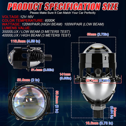 2.5 Inch Bi Led Projector Lens Led Light H4 H7 9005 9006 Car Headlight Bulb High Low Beam 6000K Diode 100W 40000LM Turbo Tuning