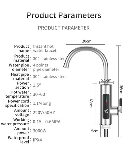3000W 220V Electric Kitchen Water Heater Tap Instant Hot stainless steel Water Faucet Heater Cold Heating Faucet