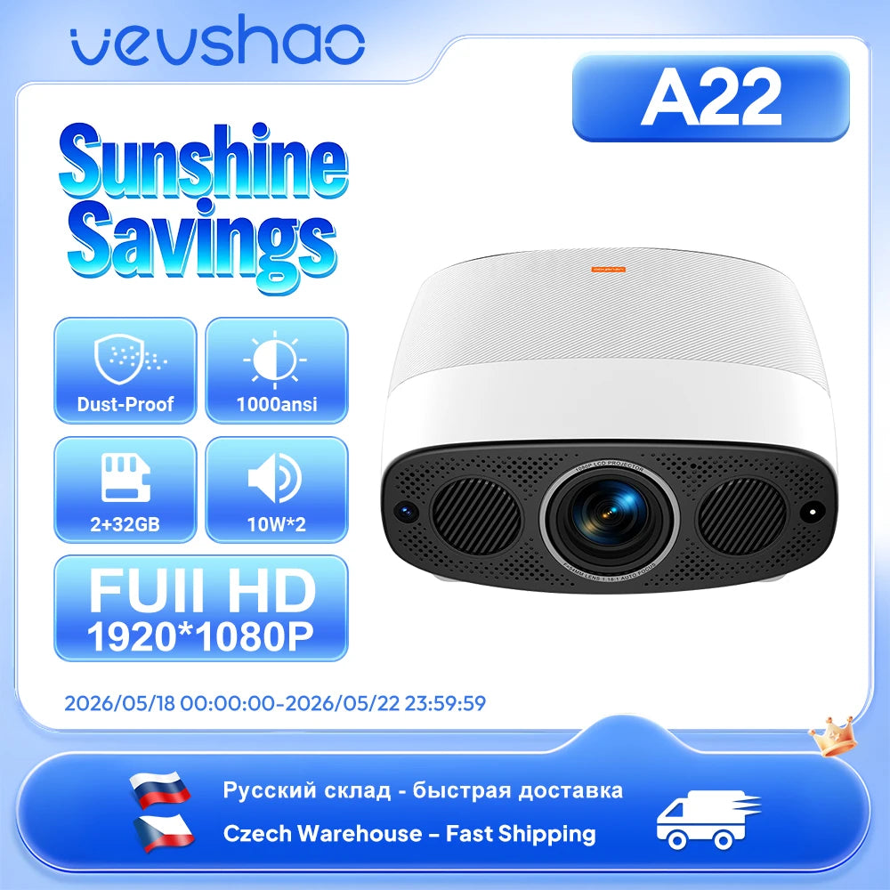VEVSHAO A22 Full HD 1080P Projector 4K 1000ANSI Android WiFi Auto Focus 10W*2 Home Theater Projector for Office Meeting Video