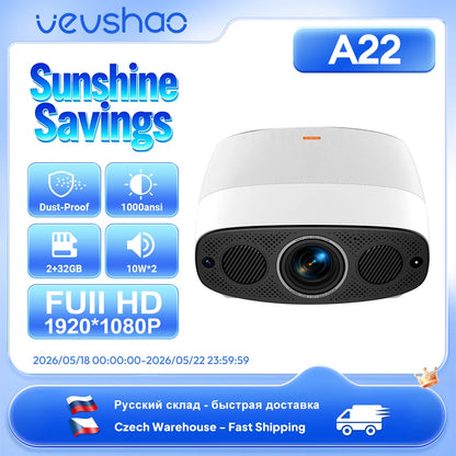 VEVSHAO A22 Full HD 1080P Projector 4K 1000ANSI Android WiFi Auto Focus 10W*2 Home Theater Projector for Office Meeting Video